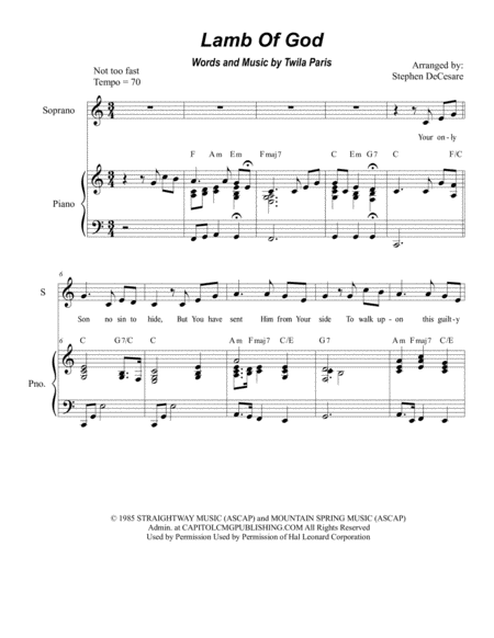 Free Sheet Music Lamb Of God Duet For Soprano And Tenor Solo