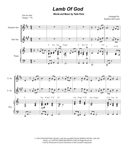 Free Sheet Music Lamb Of God For Saxophone Quartet