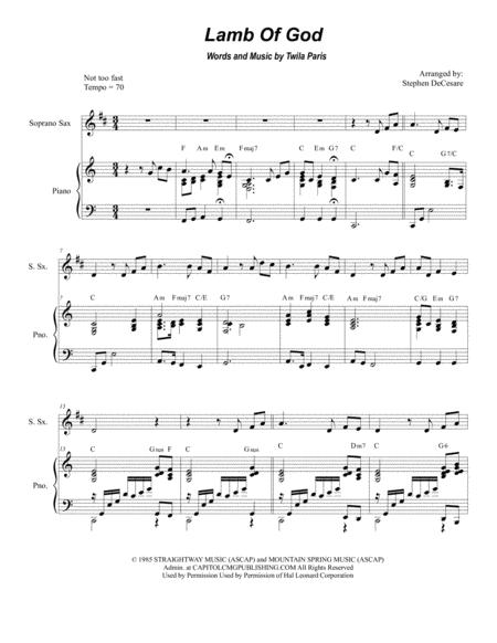 Lamb Of God For Soprano Saxophone Solo And Piano Sheet Music