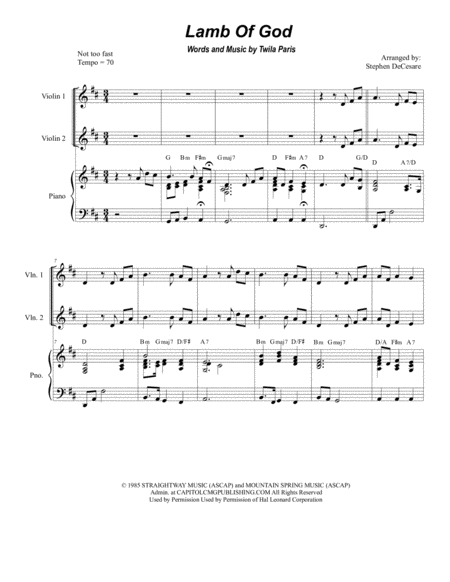 Free Sheet Music Lamb Of God For String Quartet