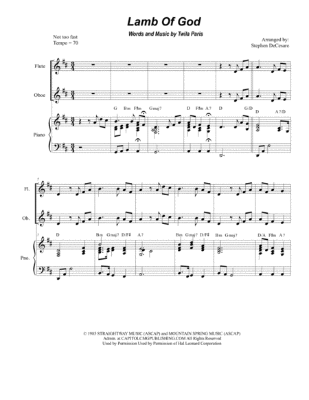 Lamb Of God For Woodwind Quartet Sheet Music