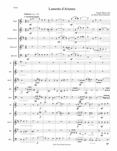 Lamento D Arianna For Wind Quintet Sheet Music