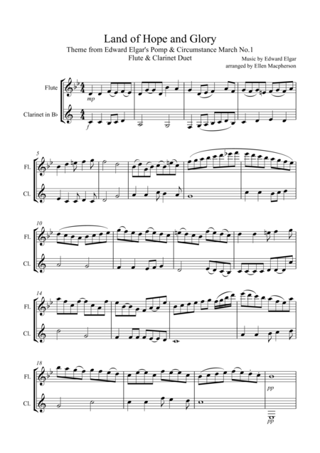 Land Of Hope And Glory Theme From Edward Elgars Pomp And Circumstance March No 1 Flute And Clarinet Duet Sheet Music