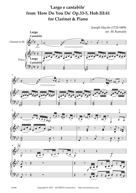 Largo E Cantabile From How Do You Do Op 33 5 Hob Iii 41 For Clarinet Piano Sheet Music