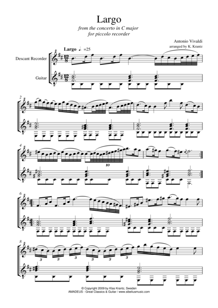 Free Sheet Music Largo For Descant Recorder And Guitar