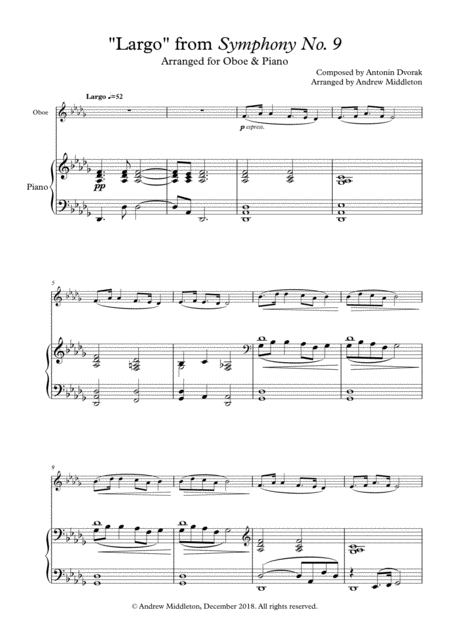 Largo From Symphony No 9 Arranged For Oboe Piano Sheet Music