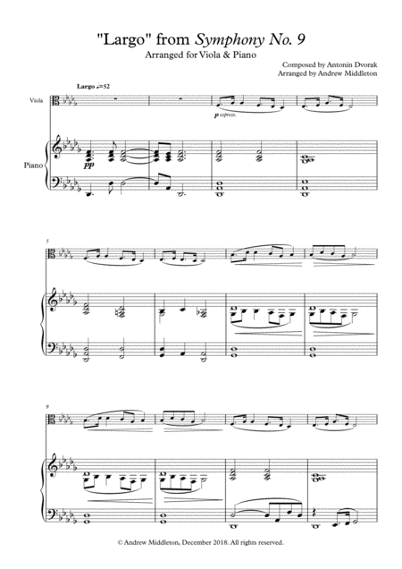 Free Sheet Music Largo From Symphony No 9 Arranged For Viola Piano