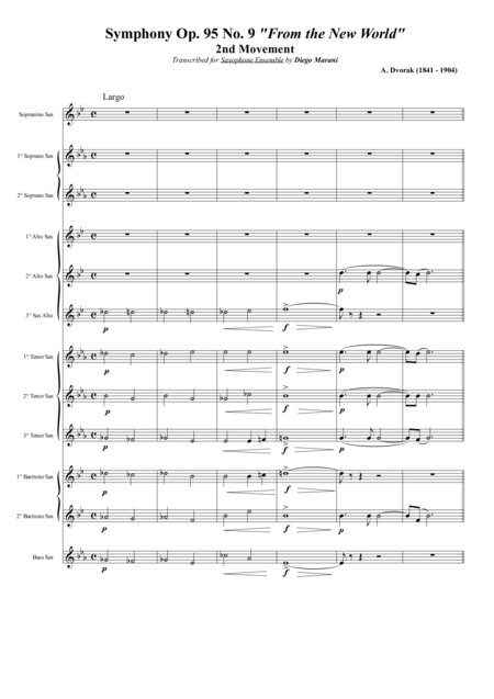 Largo From Symphony No 9 From The New World For Saxophone Choir Sheet Music