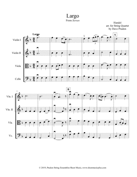 Largo From Xerxes For String Quartet Sheet Music