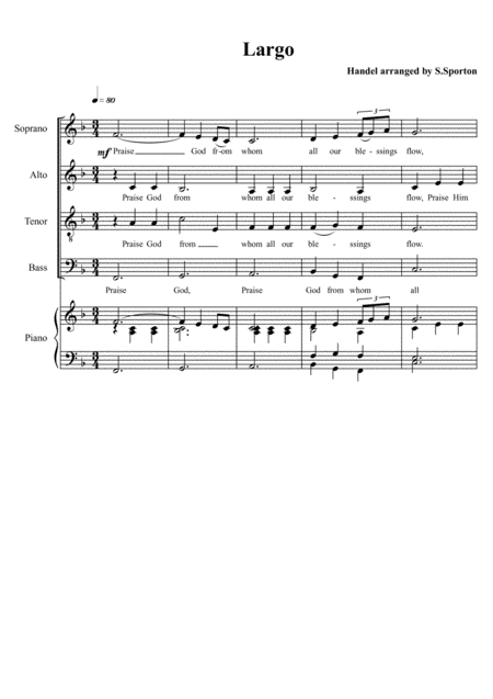 Largo Handel To Doxology Praise God From Whom Satb 5 Pages Sheet Music