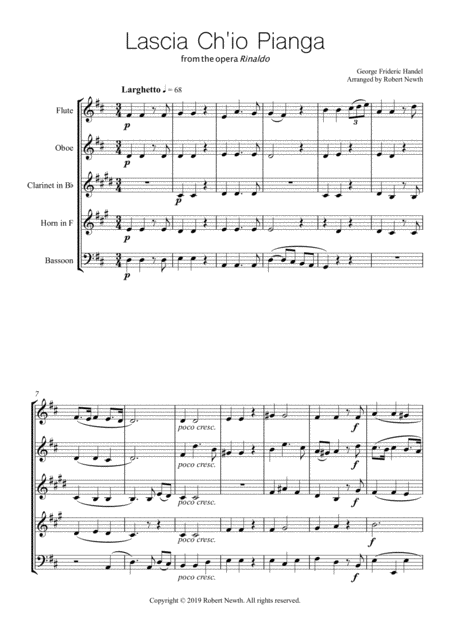 Free Sheet Music Lascia Ch Io Pianga For Wind Quintet