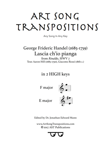 Lascia Ch Io Pianga In 2 High Keys F E Major Sheet Music