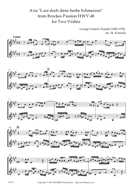 Lass Doch Diese Herbe Schmerzen From Brockes Passion Hwv 48 For Two Violins Sheet Music