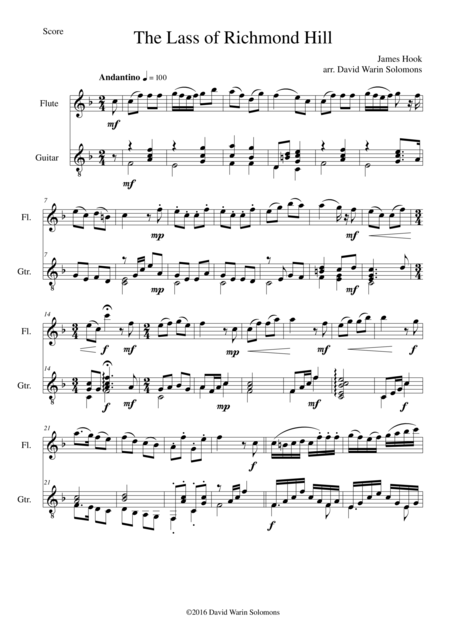 Lass Of Richmond Hill For Advanced Flute And Guitar Sheet Music