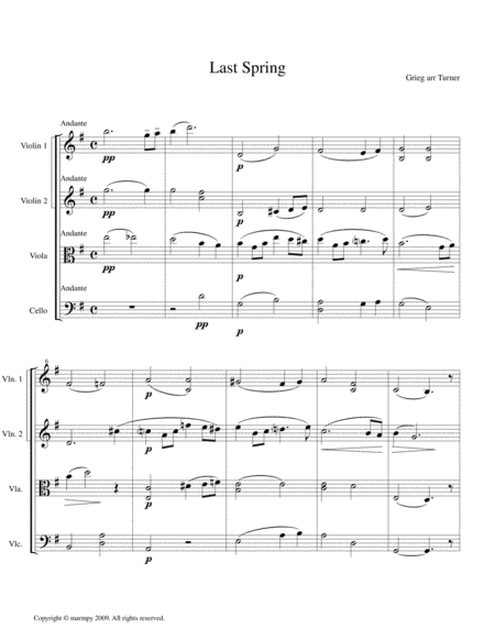 Last Spring By Grieg Arranged For String Quartet Sheet Music