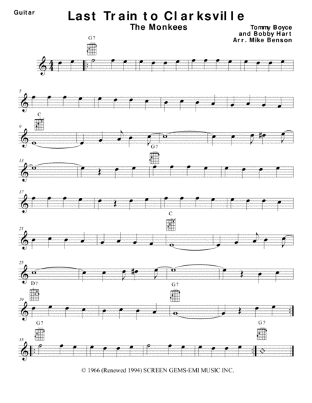 Free Sheet Music Last Train To Clarksville Easy Guitar