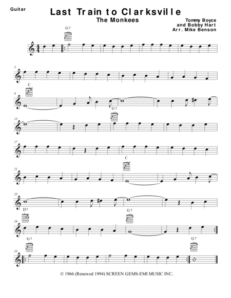 Last Train To Clarksville Easy Guitar Sheet Music