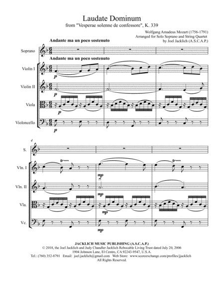 Laudate Dominum From Vesperae Solenne De Confessore K 399 For Solo Soprano And String Quartet Sheet Music