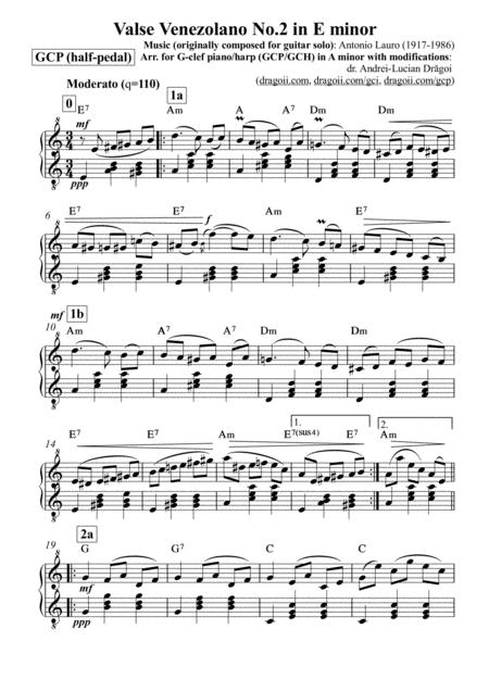 Free Sheet Music Lauro Antonio Valse Venezolano No 2 In E Minor Arr In Am For Easy G Clef Piano Harp Gcp Gch Including Separate Lead Sheet