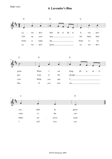 Lavenders Blue Arranged For High Voice Medium Voice Or Low Voice With Guitar Chord Accompaniments Sheet Music