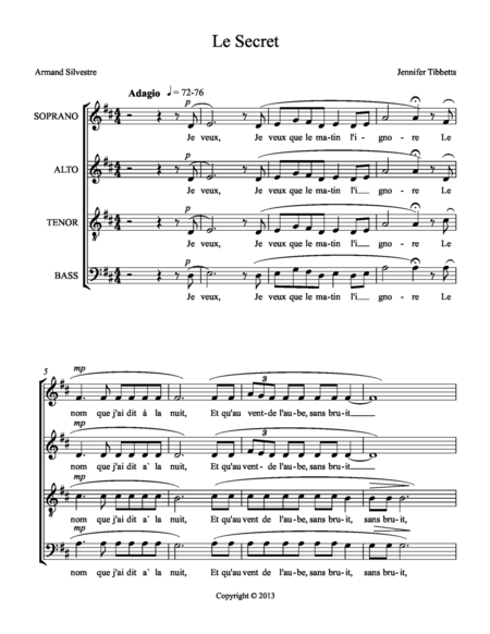 Free Sheet Music Le Secret Satb Jennifer R Tibbetts