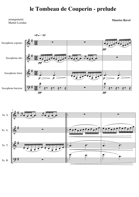 Le Tombeau De Couperin Maurice Ravel Prlude Arrangement For Saxophone Quartet M Loridan Full Score Parts Sheet Music