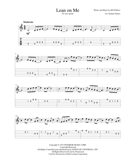 Lean On Me For Easy Guitar With Tab Sheet Music