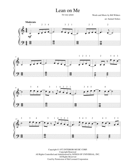 Lean On Me For Easy Piano Sheet Music