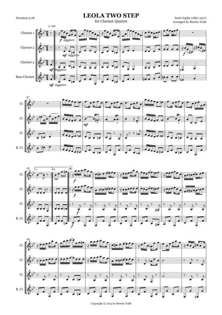 Leola Two Step For Clarinet Quartet Sheet Music