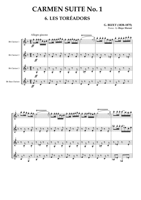 Les Toreadors From Carmen Suite For Clarinet Quartet Sheet Music