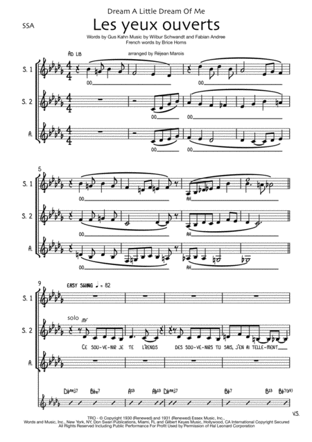 Free Sheet Music Les Yeux Ouverts Dream A Little Dream Of Me