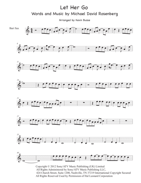 Let Her Go Easy Key Of C Bari Sax Sheet Music