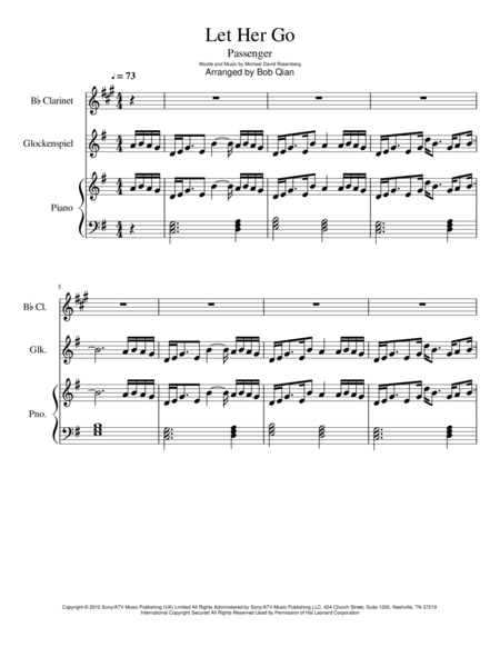 Let Her Go Passenger Clarinet Glockenspiel Piano Sheet Music