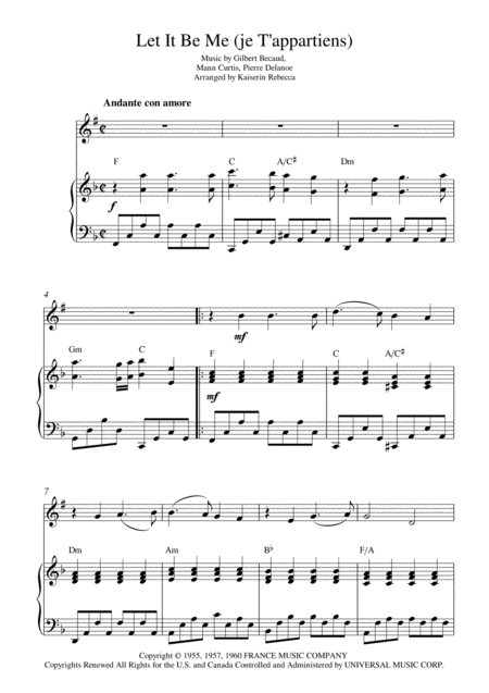 Let It Be Me Jet Appartiens Bb Trumpet Solo And Piano Accompaniment Sheet Music