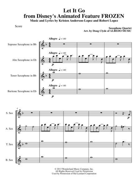 Let It Go From Disneys Animated Feature Frozen For Saxophone Quartet Sheet Music