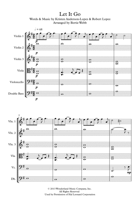 Let It Go From Disneys Frozen String Orchestra Quartet Quintet Sextet Sheet Music