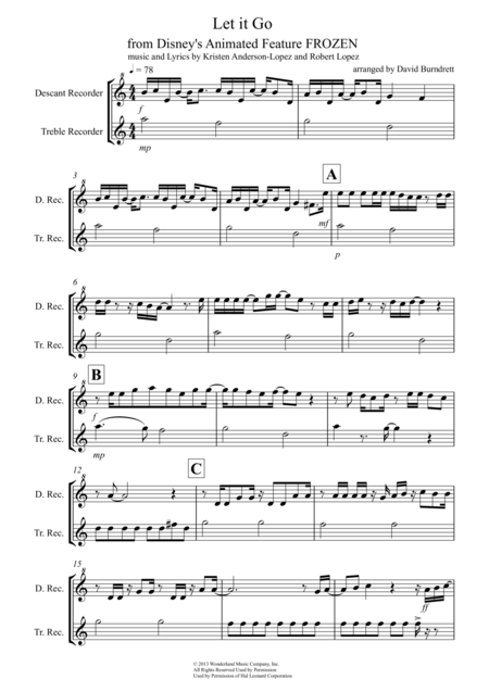 Let It Go From Frozen For Recorder Duet Sheet Music