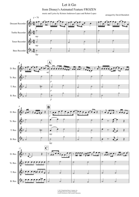 Let It Go From Frozen For Recorder Quartet Sheet Music