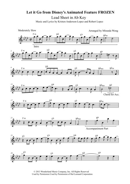 Free Sheet Music Let It Go From Frozen Lead Sheet In Ab Key With Chords
