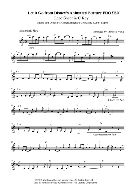 Free Sheet Music Let It Go From Frozen Lead Sheet In C Key With Chords