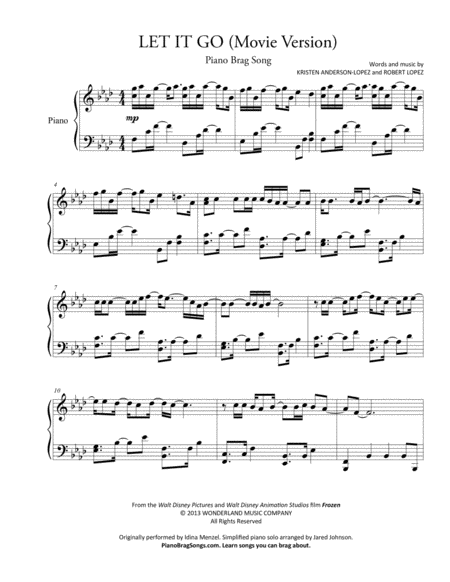 Let It Go From Frozen Short Piano Solo Sheet Music