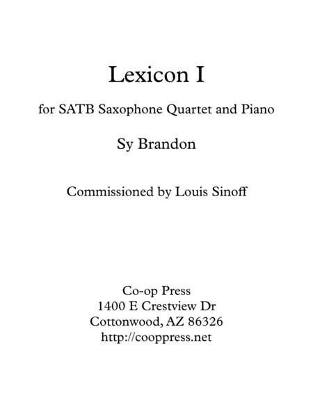 Lexicon No 1 For Saxophone Quartet And Piano Sheet Music