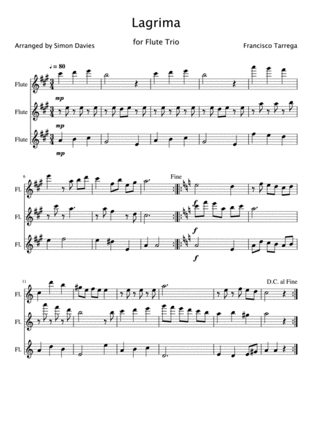 Lgrima Francisco Trrega For Flute Trio Sheet Music