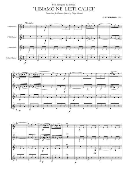 Free Sheet Music Libiamo Ne Lieti Calici Brindisi For Clarinet Quartet