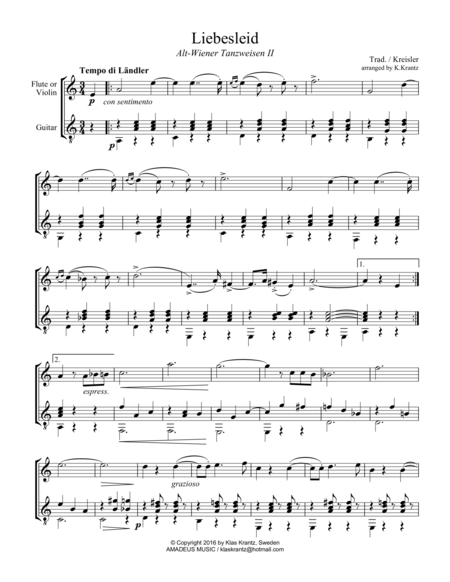 Liebesleid For Flute Or Violin And Guitar Sheet Music