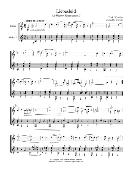 Free Sheet Music Liebesleid For Guitar Duet