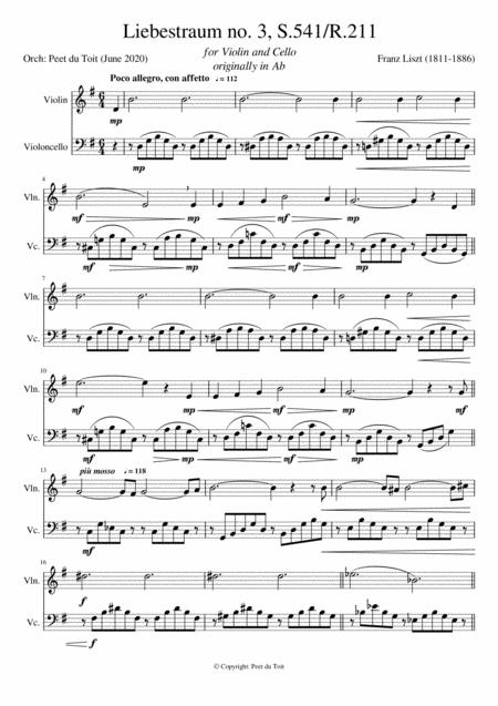 Free Sheet Music Liebestraum No 3s 541 R 211 F Liszt Violin Cello Excerpt