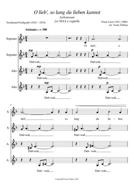 Liebestraum O Lieb So Lang Ssaa A Cappella Sheet Music