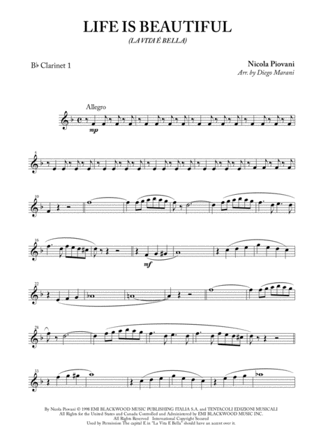 Life Is Beautiful La Vita E Bella For Clarinet Quartet Sheet Music