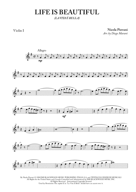 Life Is Beautiful La Vita E Bella For String Quartet Sheet Music